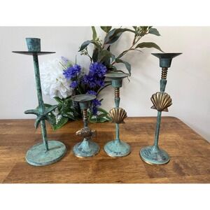 Vintage Nautical Theme 4 Patina Metal Candle Holders Seashell Fish Coastal Decor